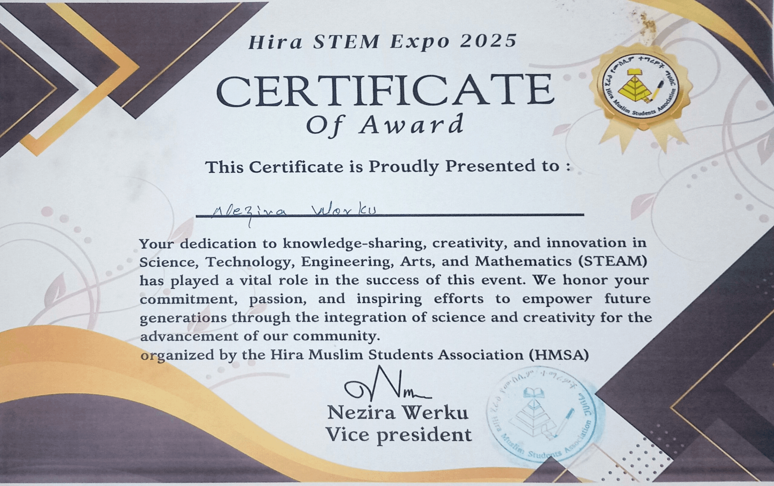 Hira Muslim Student Association STEM Certificate